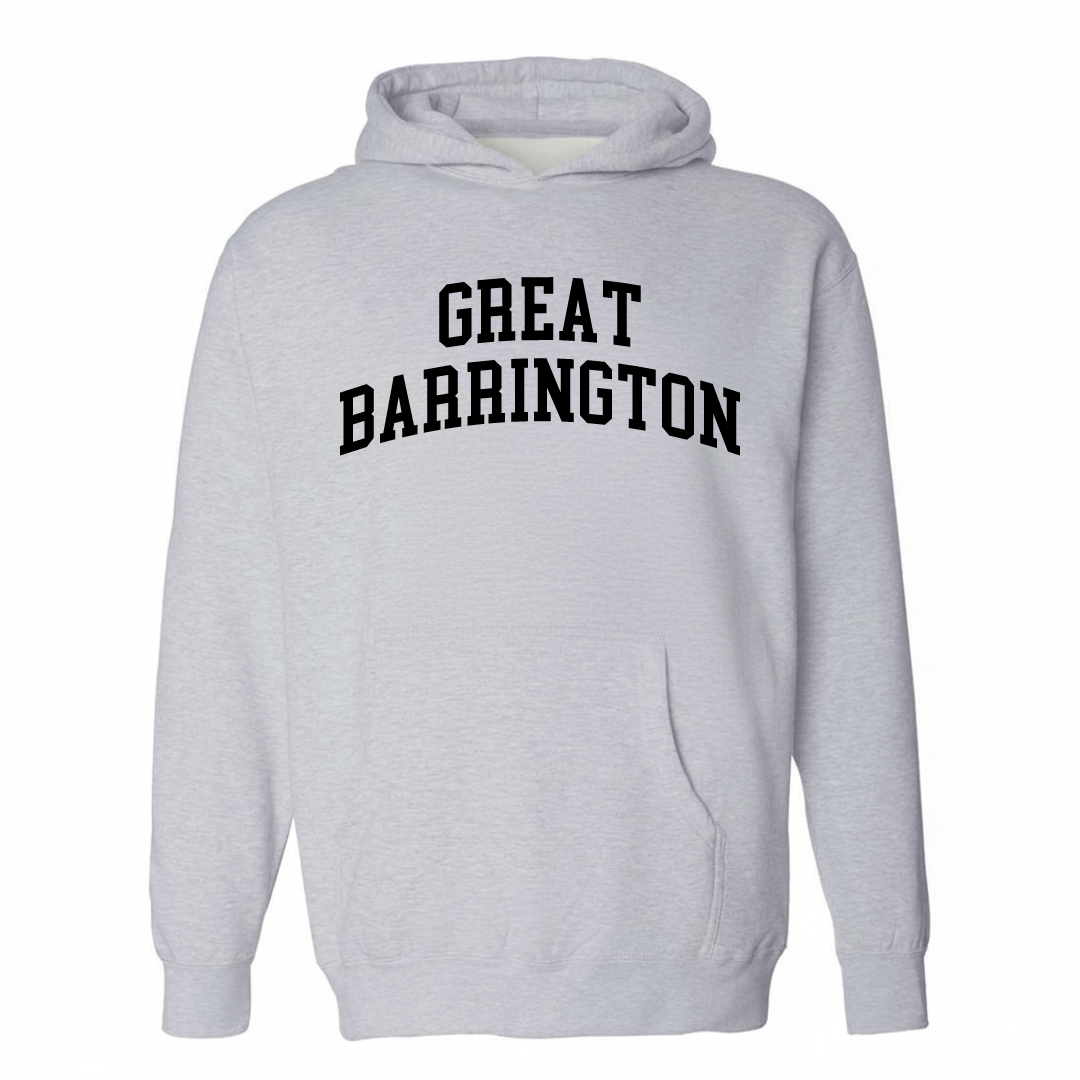 Heather-gray hoodie with the Great Barrington varsity arched lettering design on the chest.