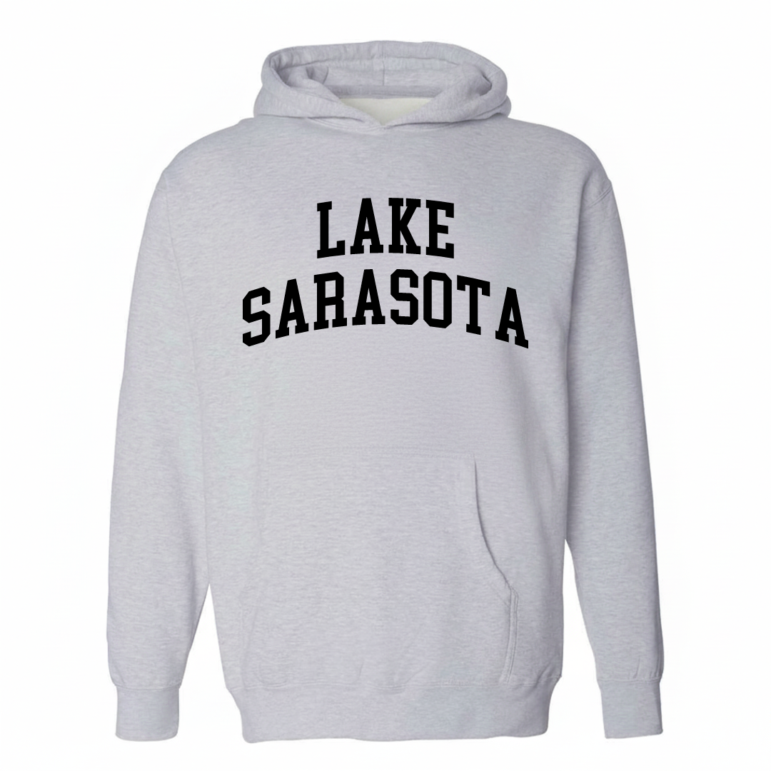 Heather-gray hoodie with the Lake Sarasota varsity arched lettering design on the chest.