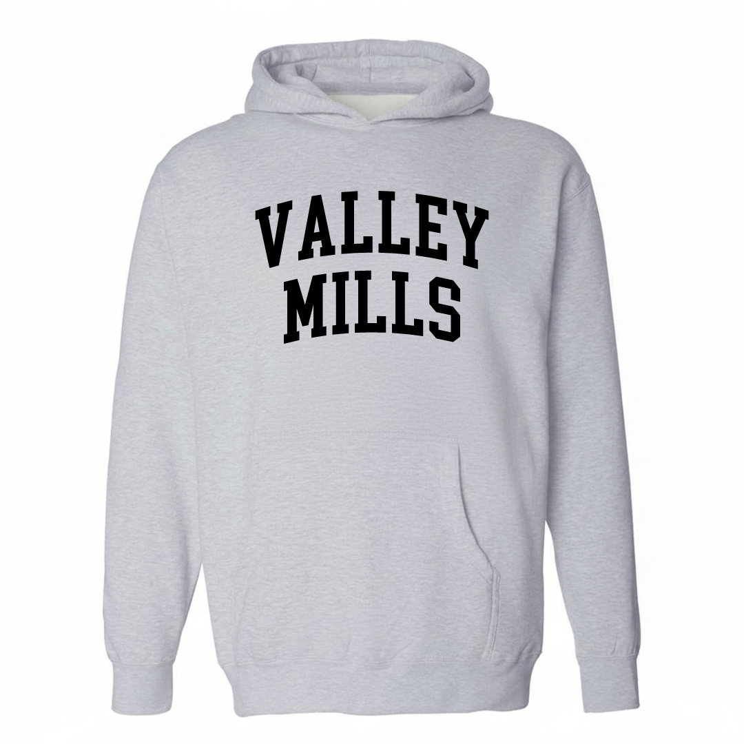 Heather-gray hoodie with the Valley Mills varsity arched lettering design on the chest.