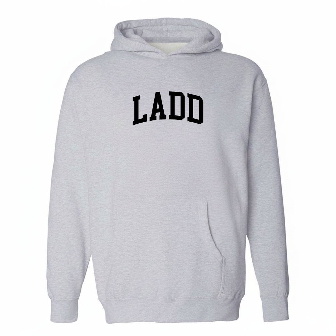 Heather-gray hoodie with the Ladd varsity arched lettering design on the chest.