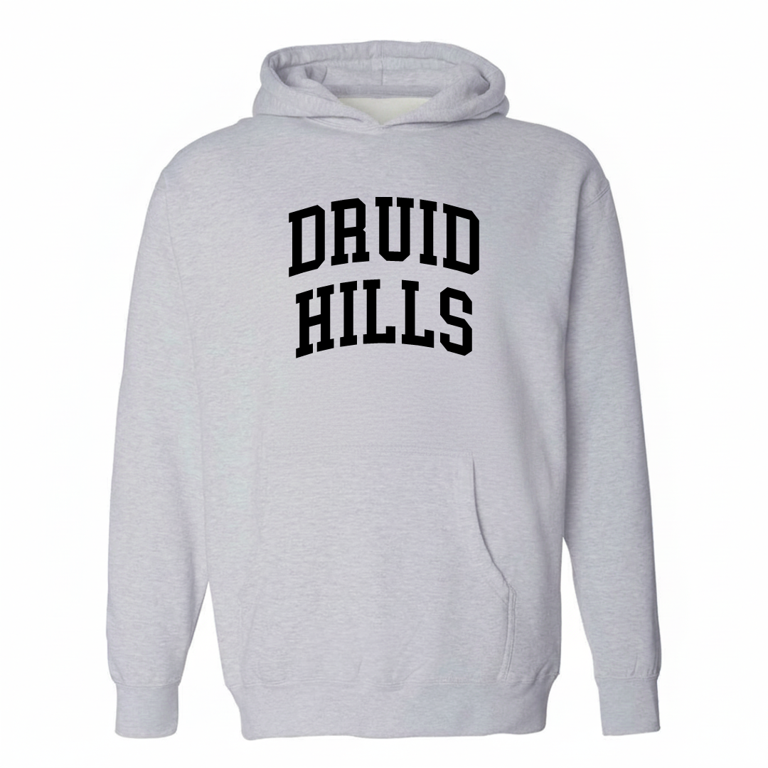 Heather-gray hoodie with the Druid Hills varsity arched lettering design on the chest.