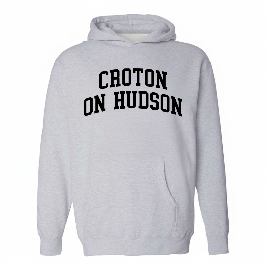 Heather-gray hoodie with the Croton-on-Hudson arched lettering varsity design on the chest.