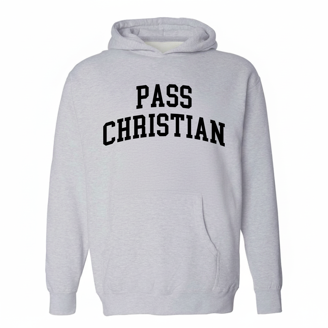 Heather-gray hoodie with the Pass Christian varsity arched lettering design on the chest.