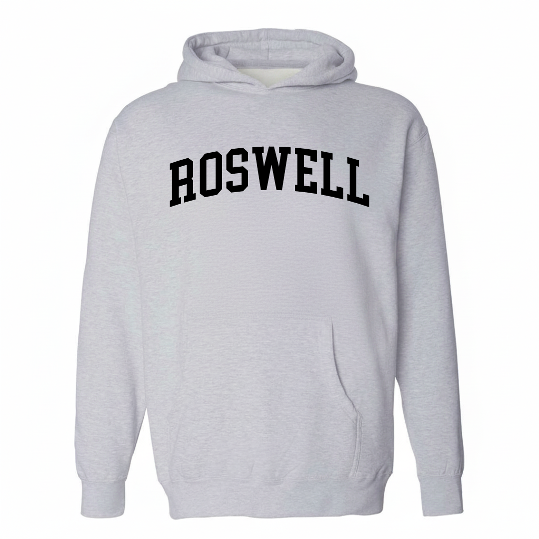 Heather-gray hoodie with the Roswell arched varsity lettering design on the chest.