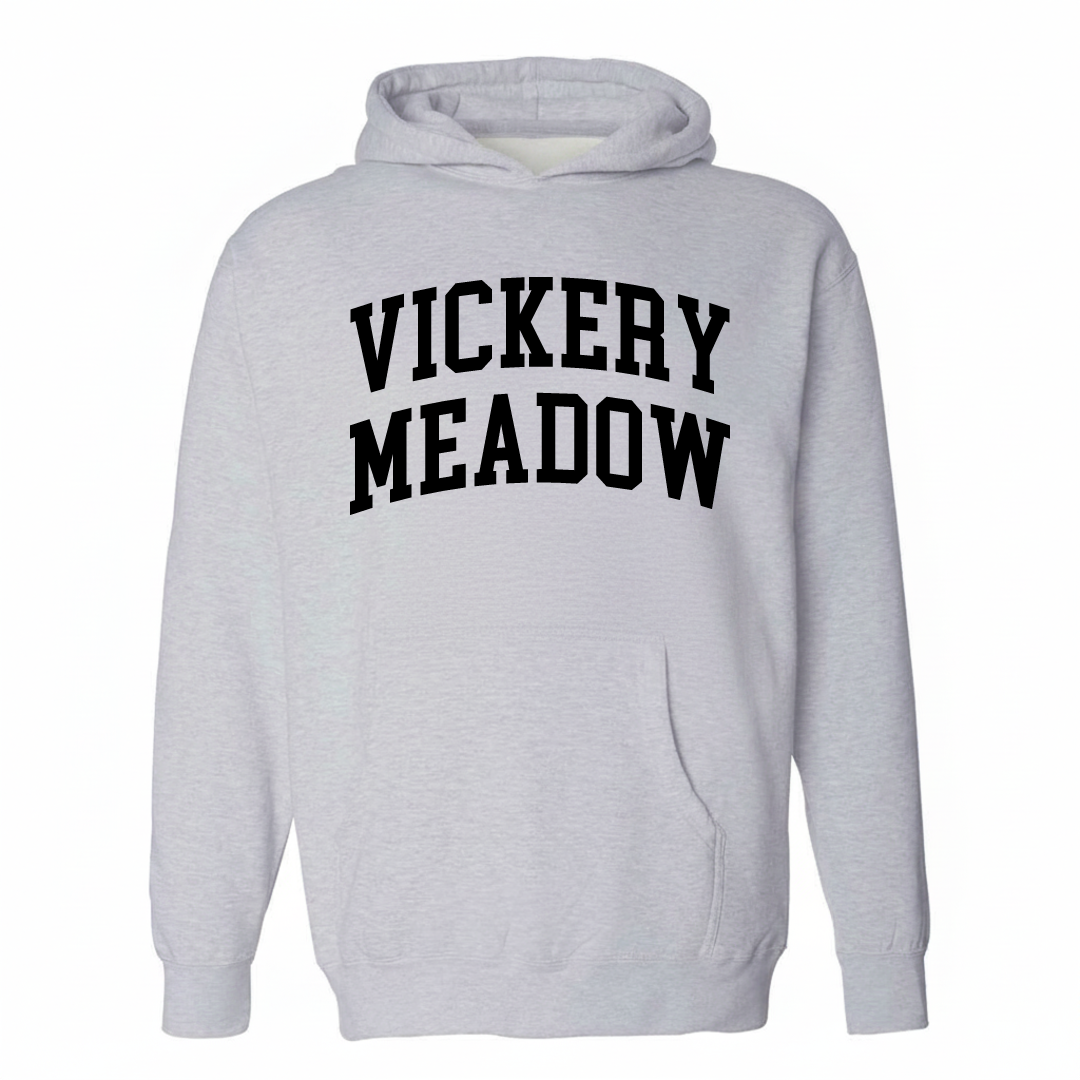 Heather-gray hoodie with the Vickery Meadow varsity arched lettering design on the chest.