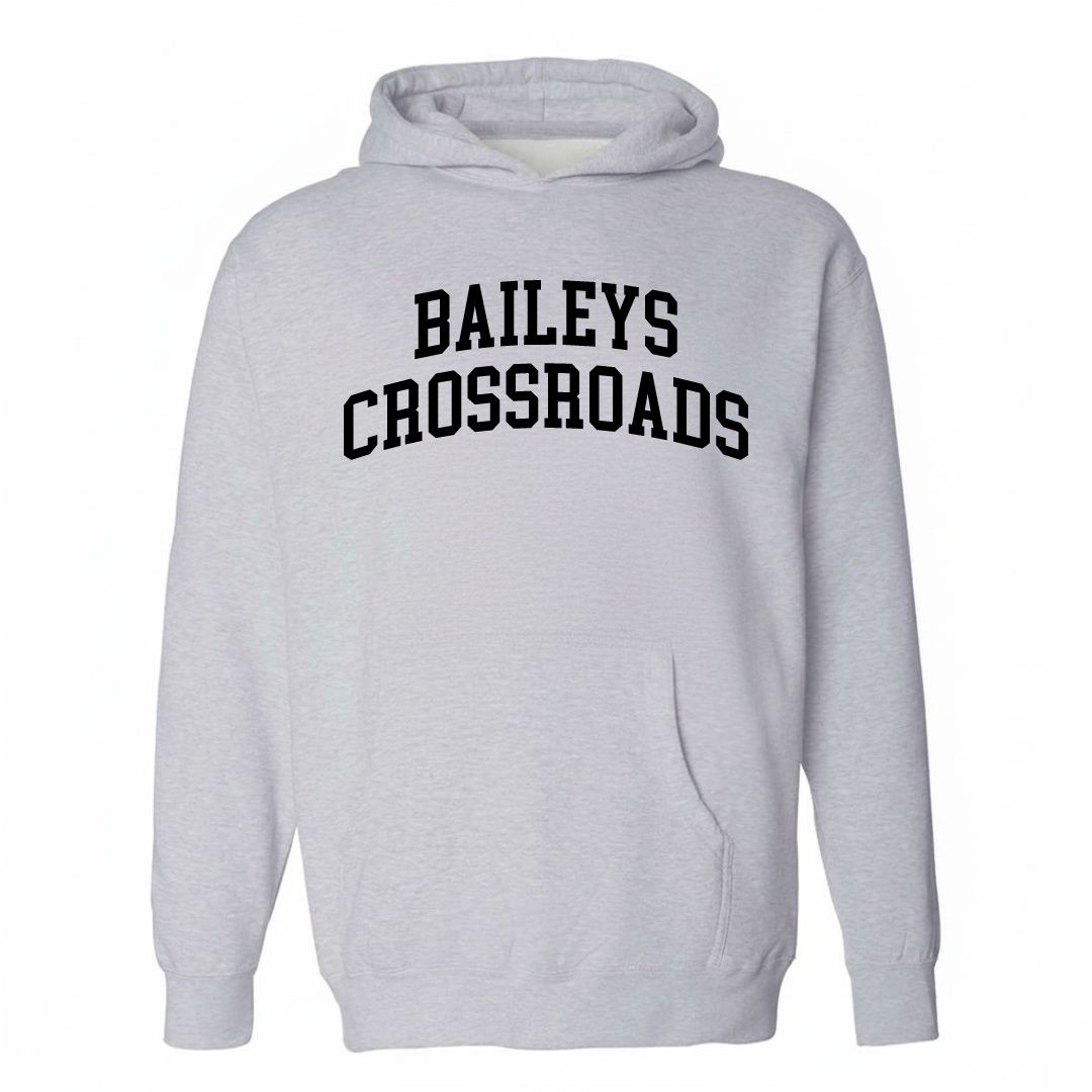 Heather-gray hoodie with the Bailey's Crossroads varsity arched lettering design on the chest.