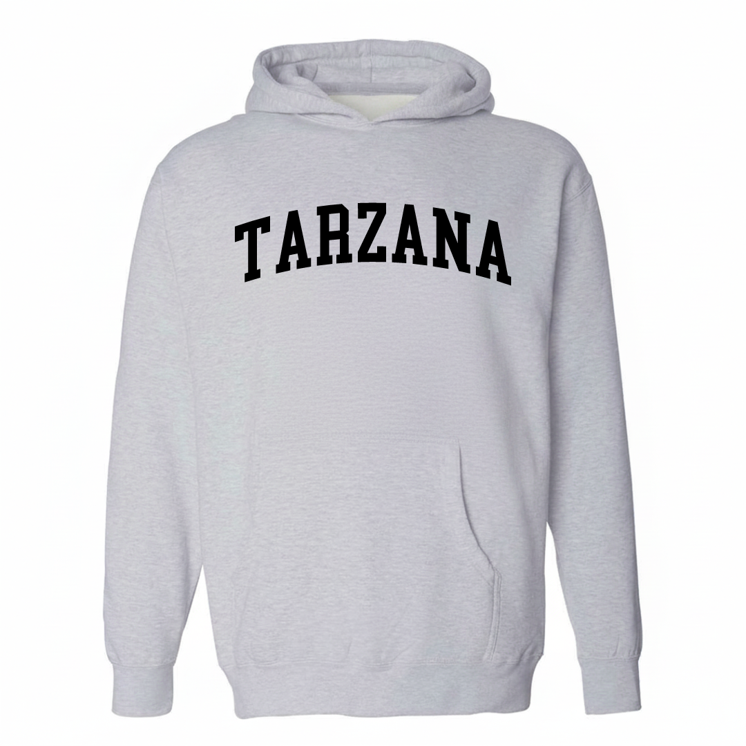 Heather-gray hoodie with the Tarzana varsity arched lettering design on the chest.