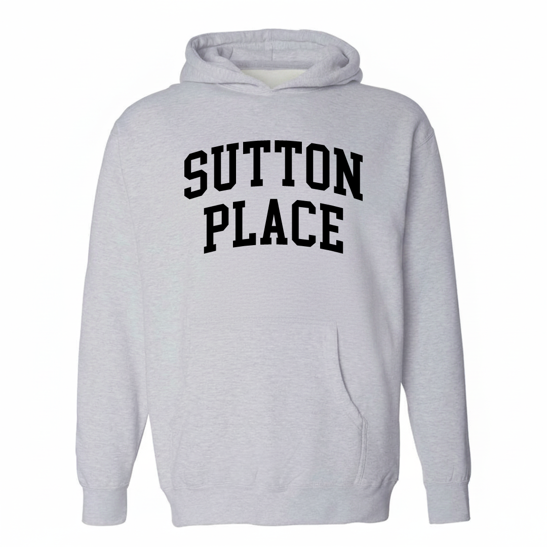Heather-gray hoodie with the Sutton Place arched varsity lettering design on the chest.