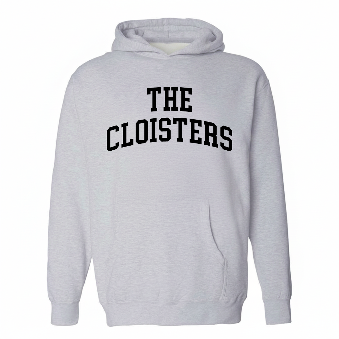 Heather-gray hoodie with The Cloisters varsity arched lettering design on the chest.