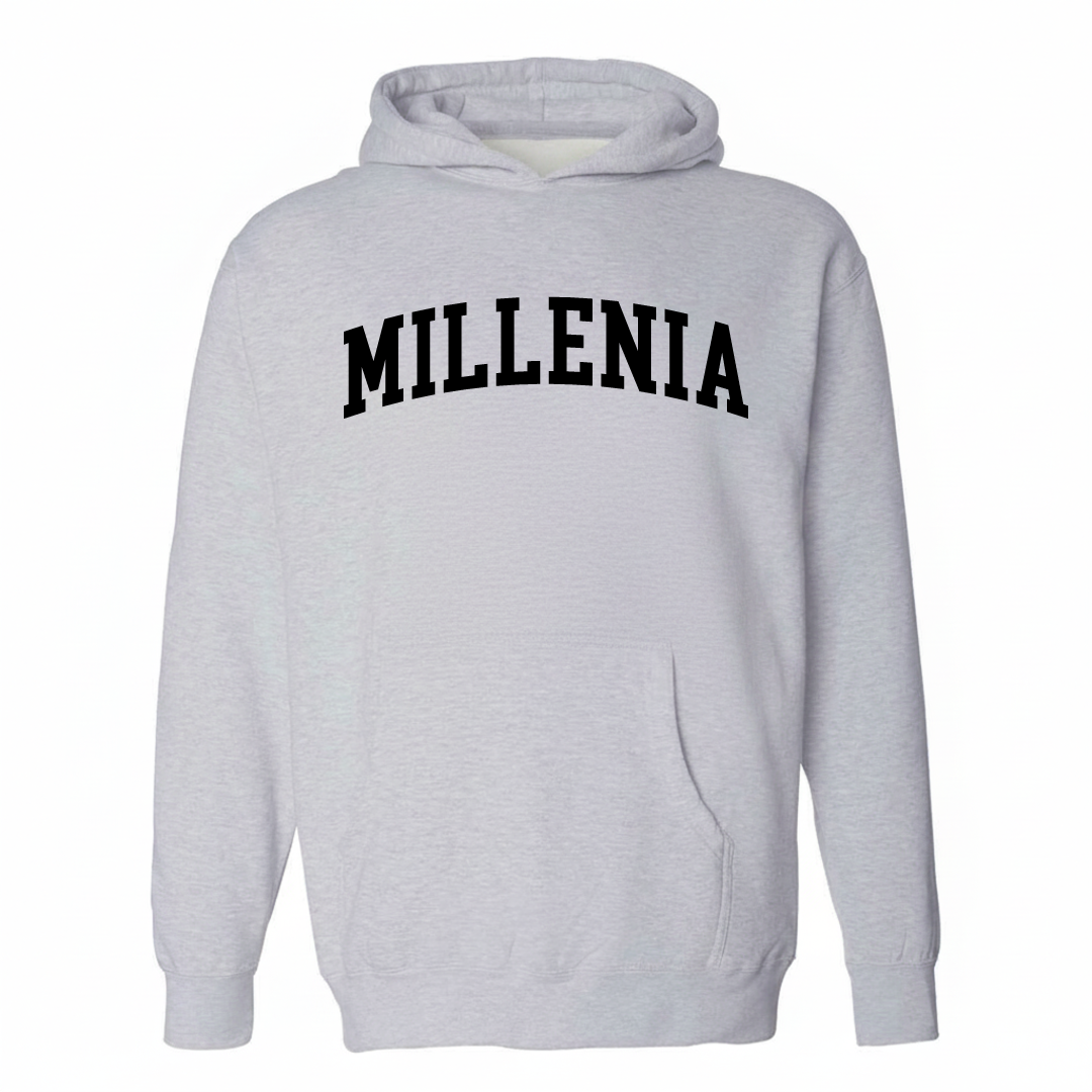 Heather-gray hoodie with the Millenia varsity arched lettering design on the chest.