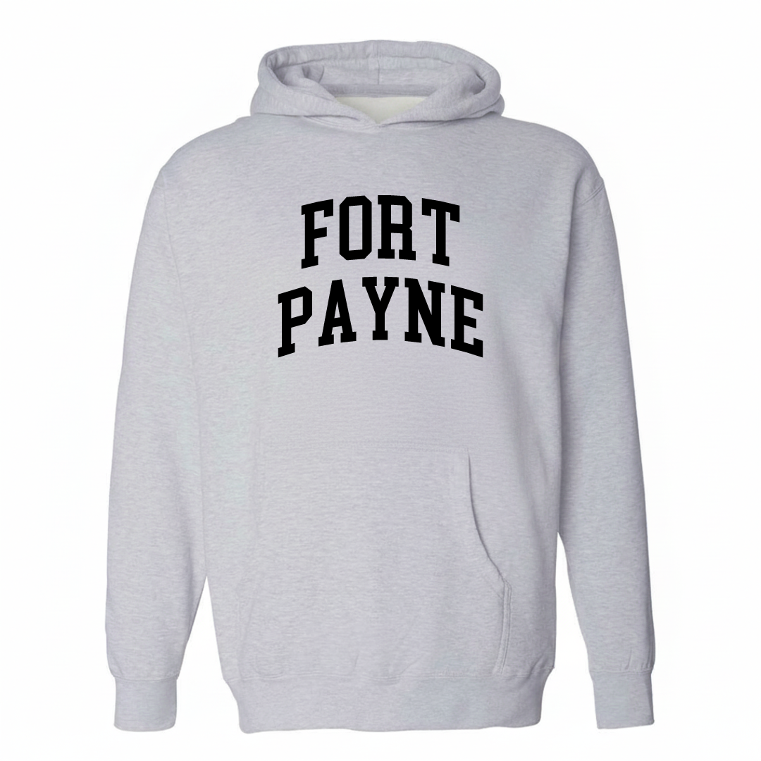 Heather-gray hoodie with the Fort Payne varsity arched lettering design on the chest.