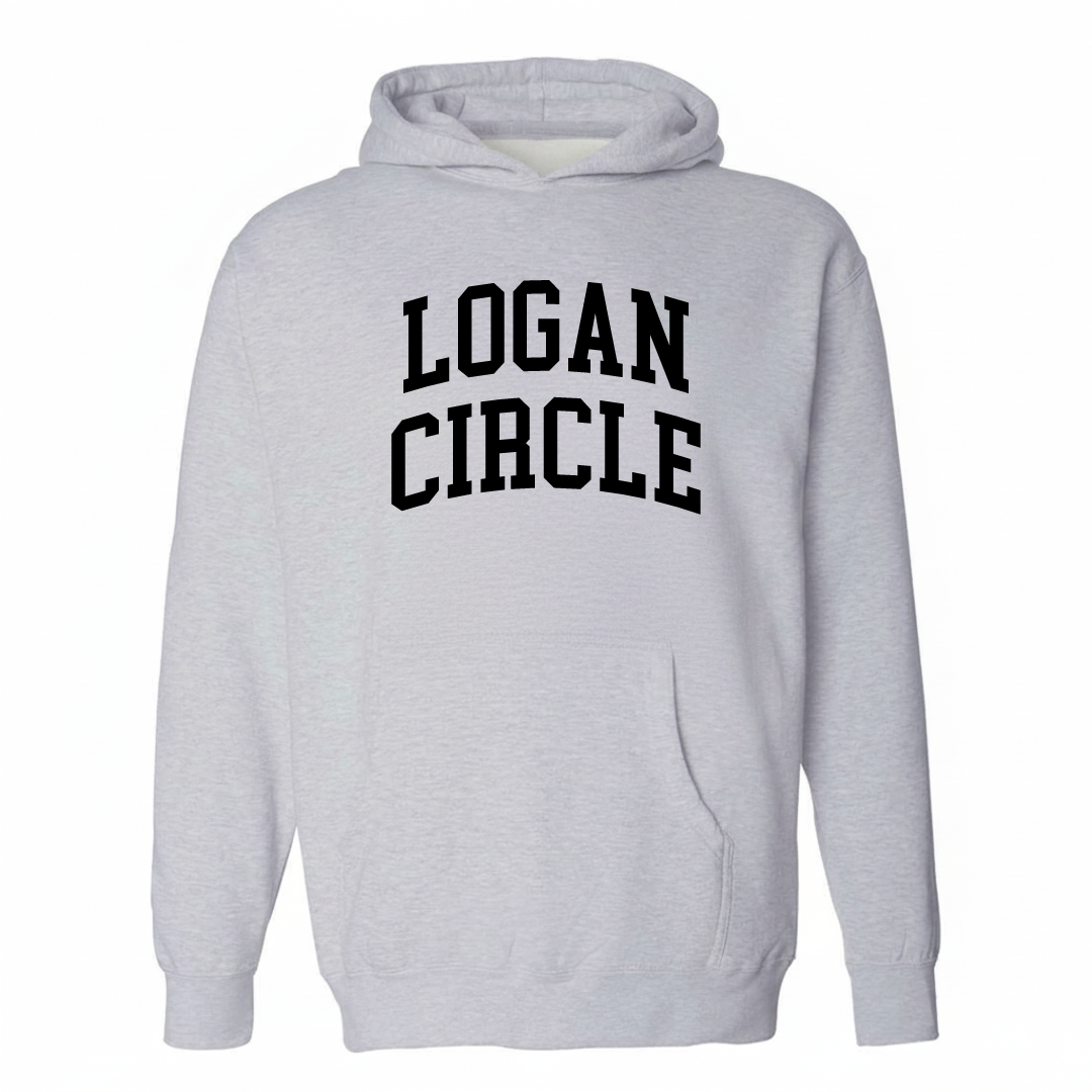 Heather-gray hoodie with the Logan Circle arched lettering varsity design on the chest.