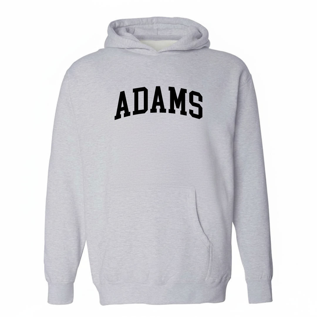Heather-gray hoodie with the Adams varsity arched lettering design on the chest.