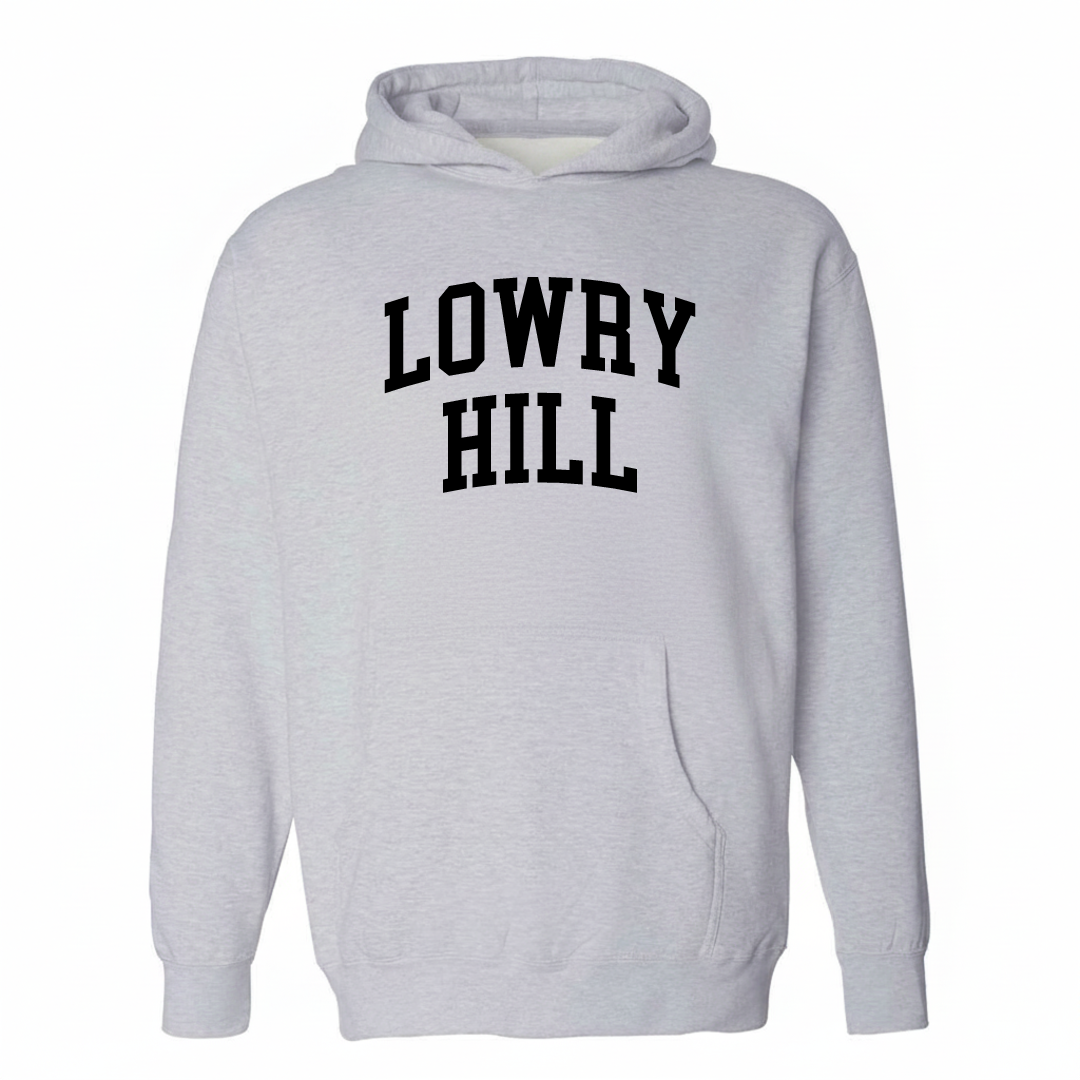 Heather-gray hoodie with the Lowry Hill varsity arched lettering design on the chest.