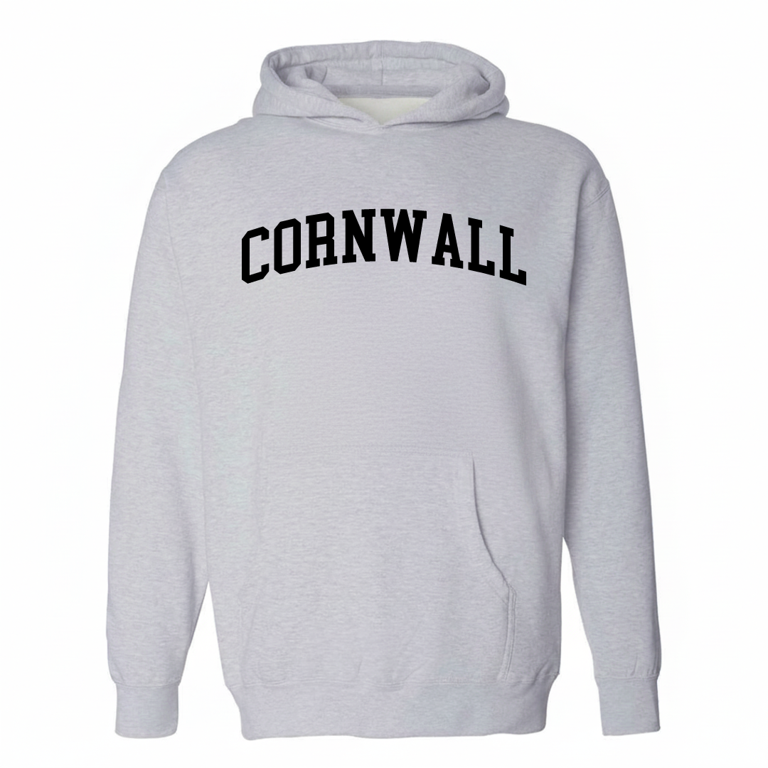 Heather-gray hoodie with the Cornwall, Vermont varsity arched lettering design on the chest.