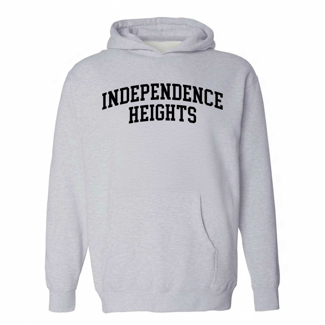 Heather-gray hoodie with the Independence Heights arched lettering design on the chest.