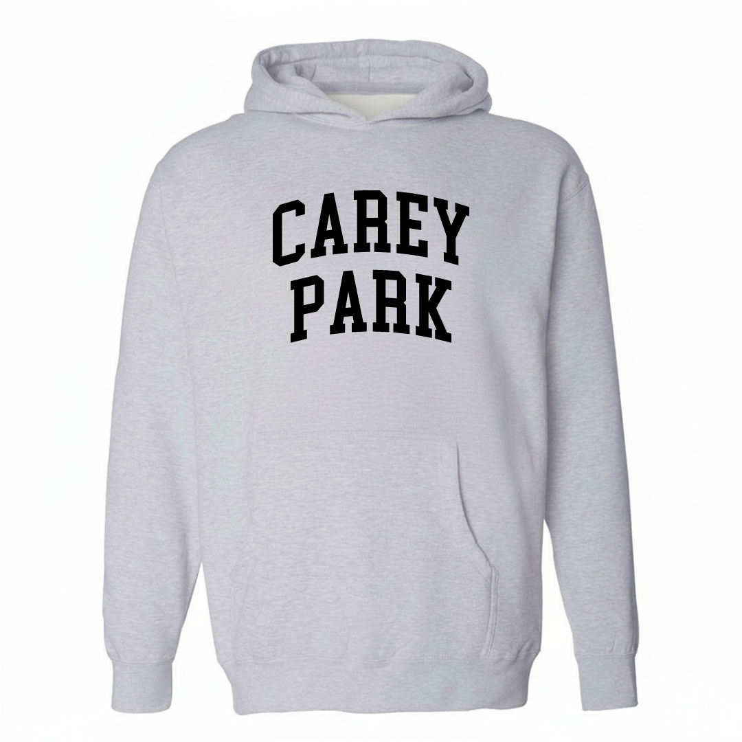 Heather-gray hoodie with the Carey Park varsity arched lettering design on the chest.