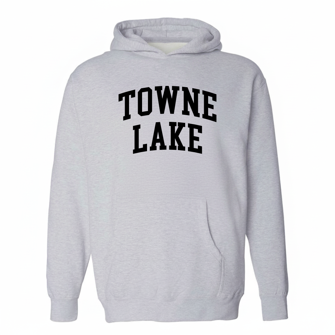 Heather-gray hoodie with the Towne Lake varsity arched lettering design on the chest.
