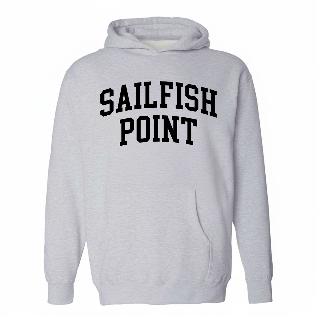 Heather-gray hoodie with the Sailfish Point varsity arched lettering design on the chest.