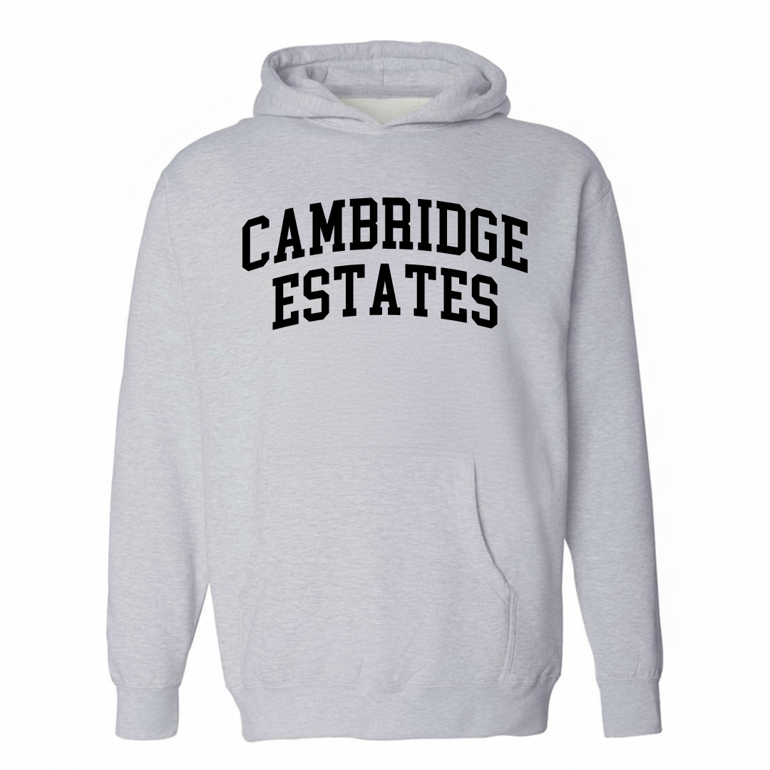 Heather-gray hoodie with the Cambridge Estates varsity arched lettering design on the chest.