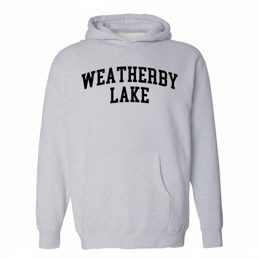 Heather-gray hoodie with the Weatherby Lake varsity arched lettering design on the chest.
