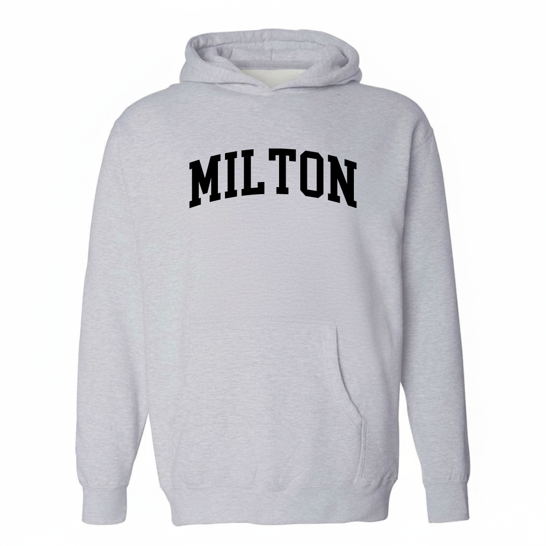 Heather-gray hoodie with the Milton arched varsity lettering design on the chest.