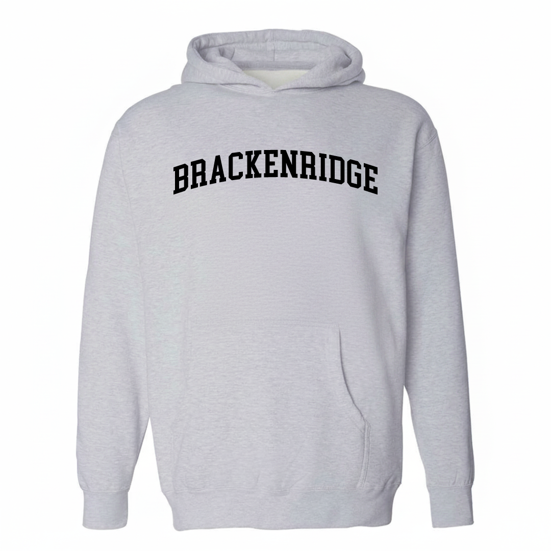 Heather-gray hoodie with the Brackenridge varsity arched lettering design on the chest.