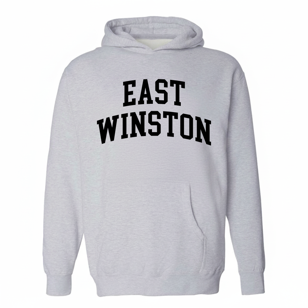 Heather-gray hoodie with the East Winston varsity arched lettering design on the chest.