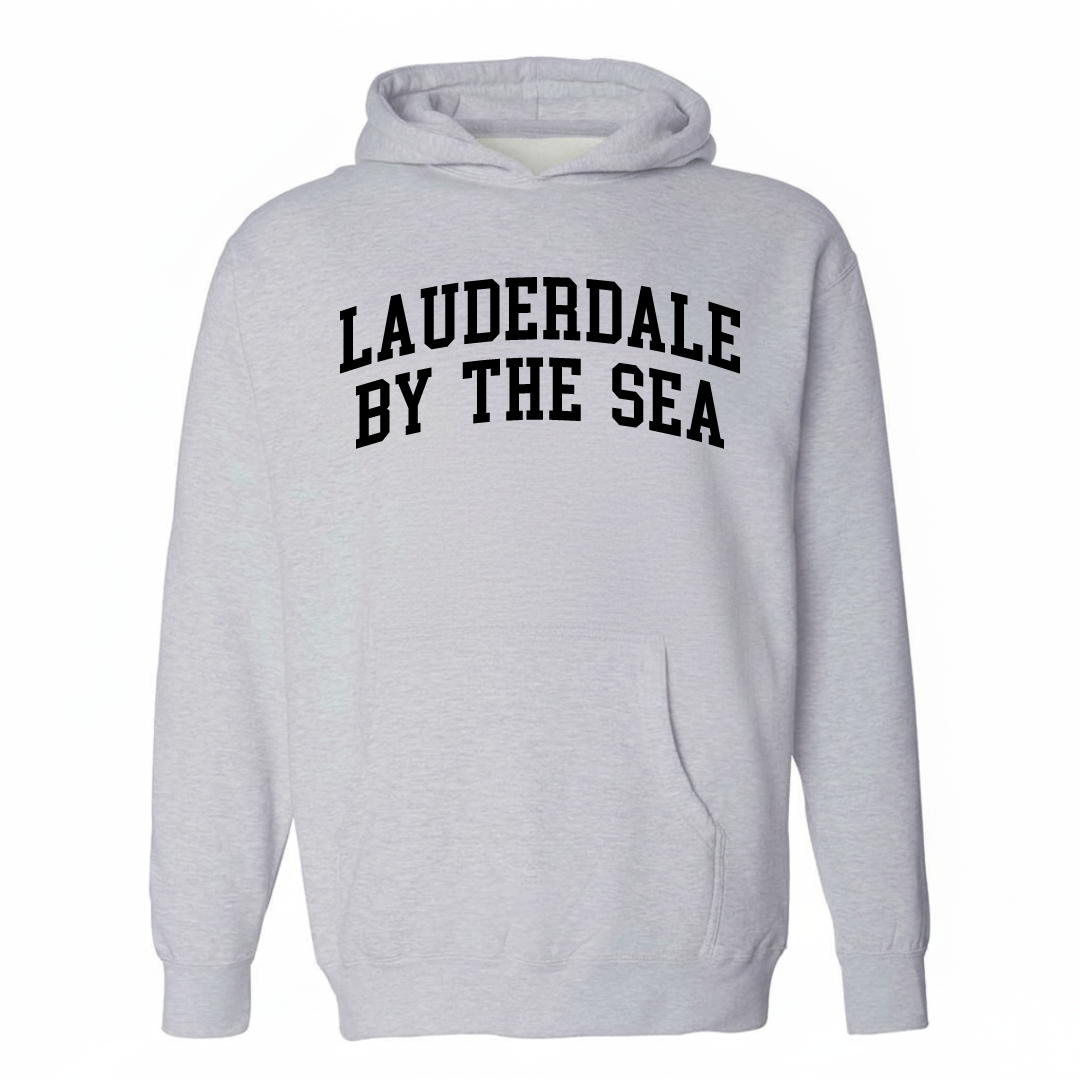 Heather-gray hoodie with the Lauderdale-by-the-Sea varsity arched lettering design on the chest.