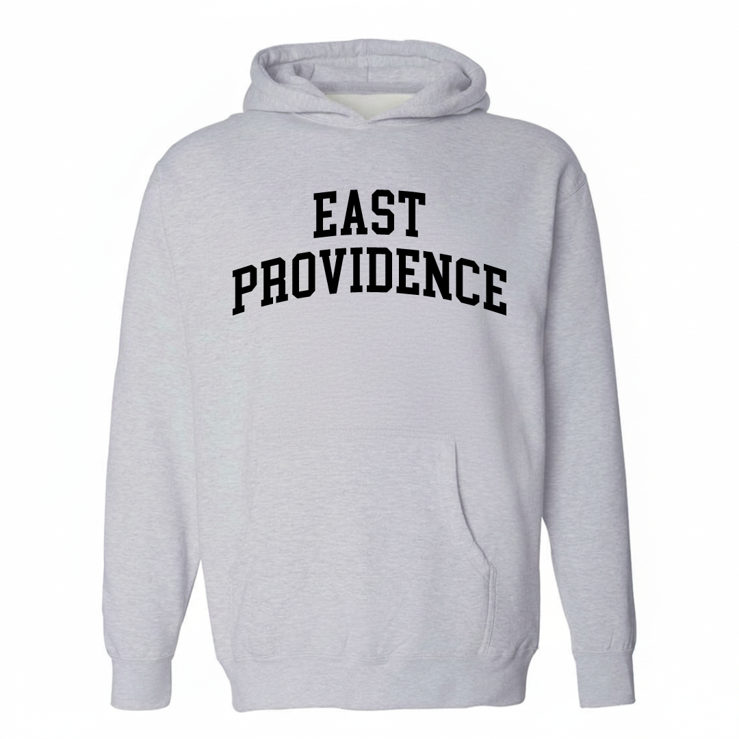 Heather-gray hoodie with the East Providence arched lettering design on the chest.
