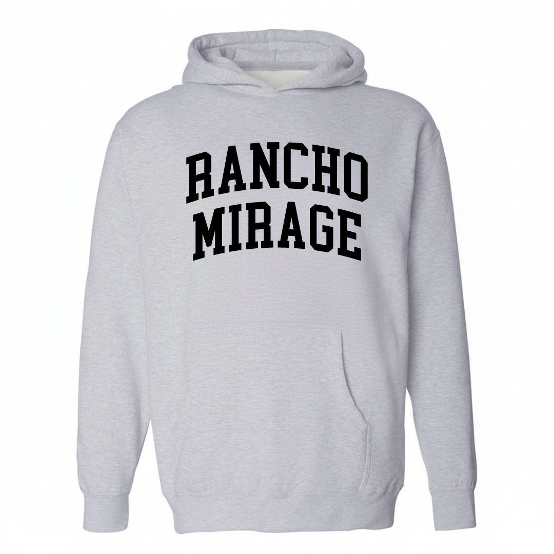 Heather-gray hoodie with the Rancho Mirage arched lettering varsity-collegiate design on the chest.