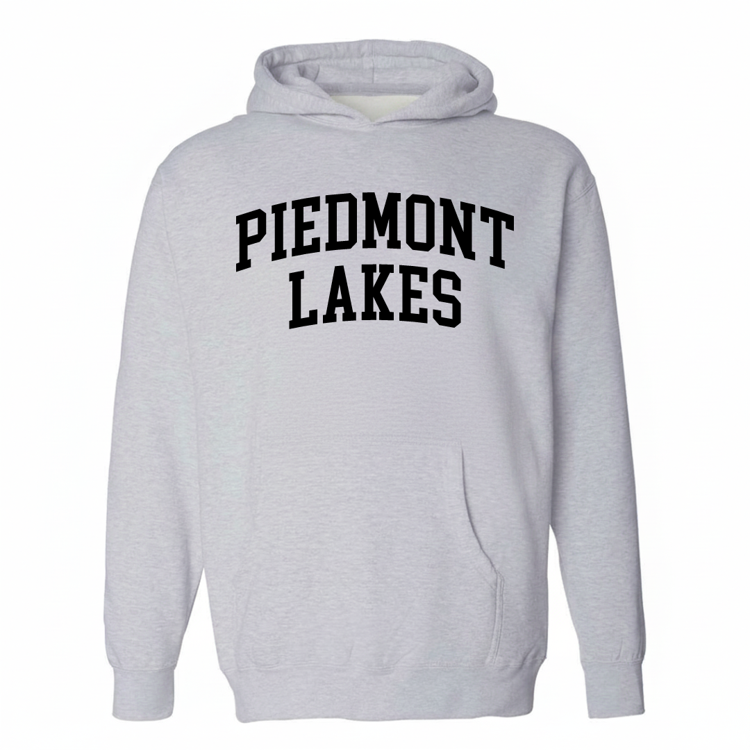 Heather-gray hoodie with the Piedmont Lakes varsity arched lettering design on the chest.