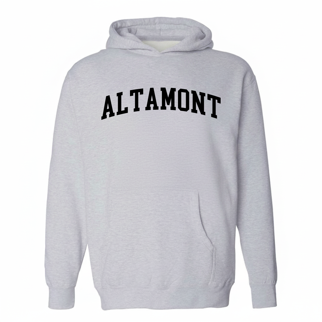 Heather-gray hoodie with the Altamont varsity arched lettering design on the chest.