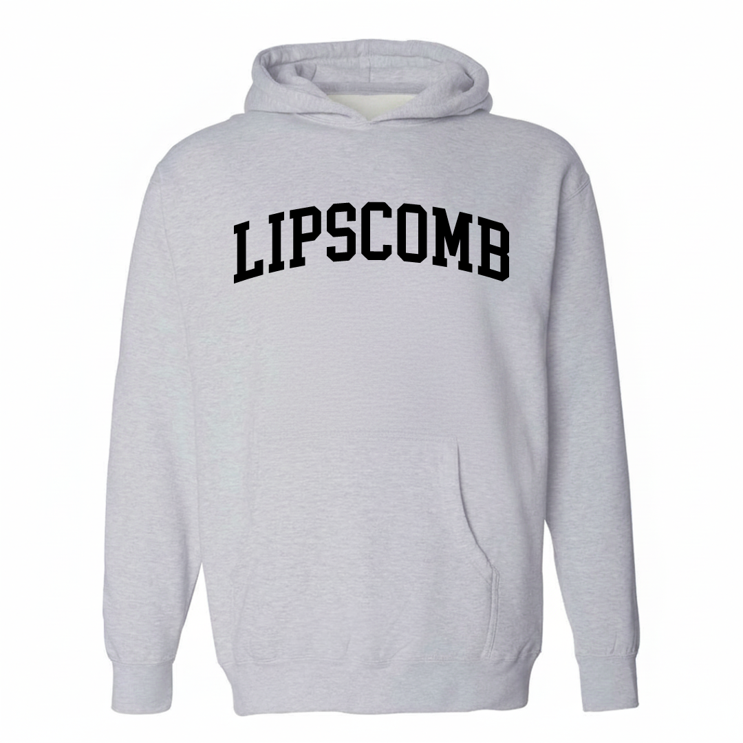 Heather-gray hoodie with the Lipscomb varsity arched lettering design on the chest.