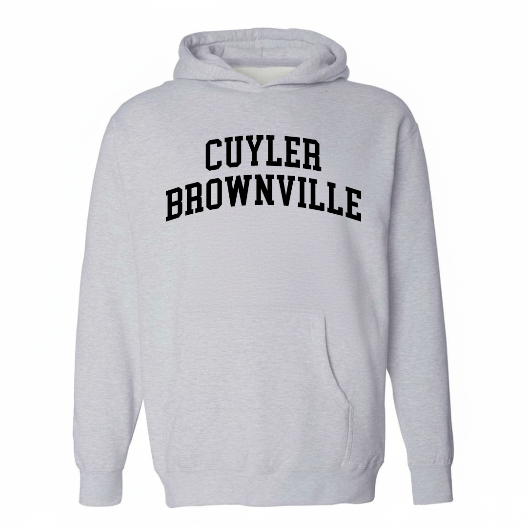 Heather-gray hoodie with the Cuyler-Brownville arched lettering design on the chest.