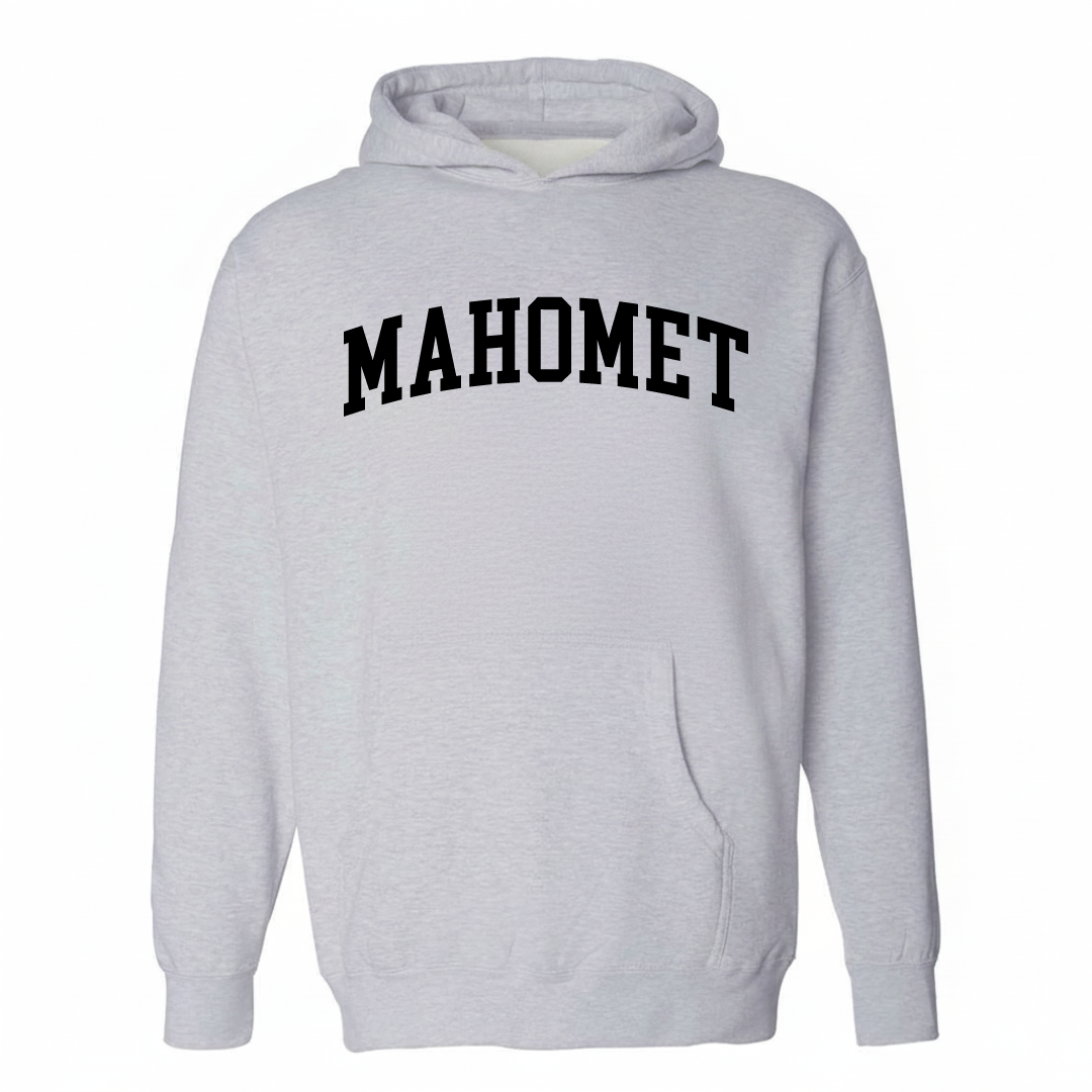 Heather-gray hoodie with the Mahomet varsity arched lettering design on the chest.