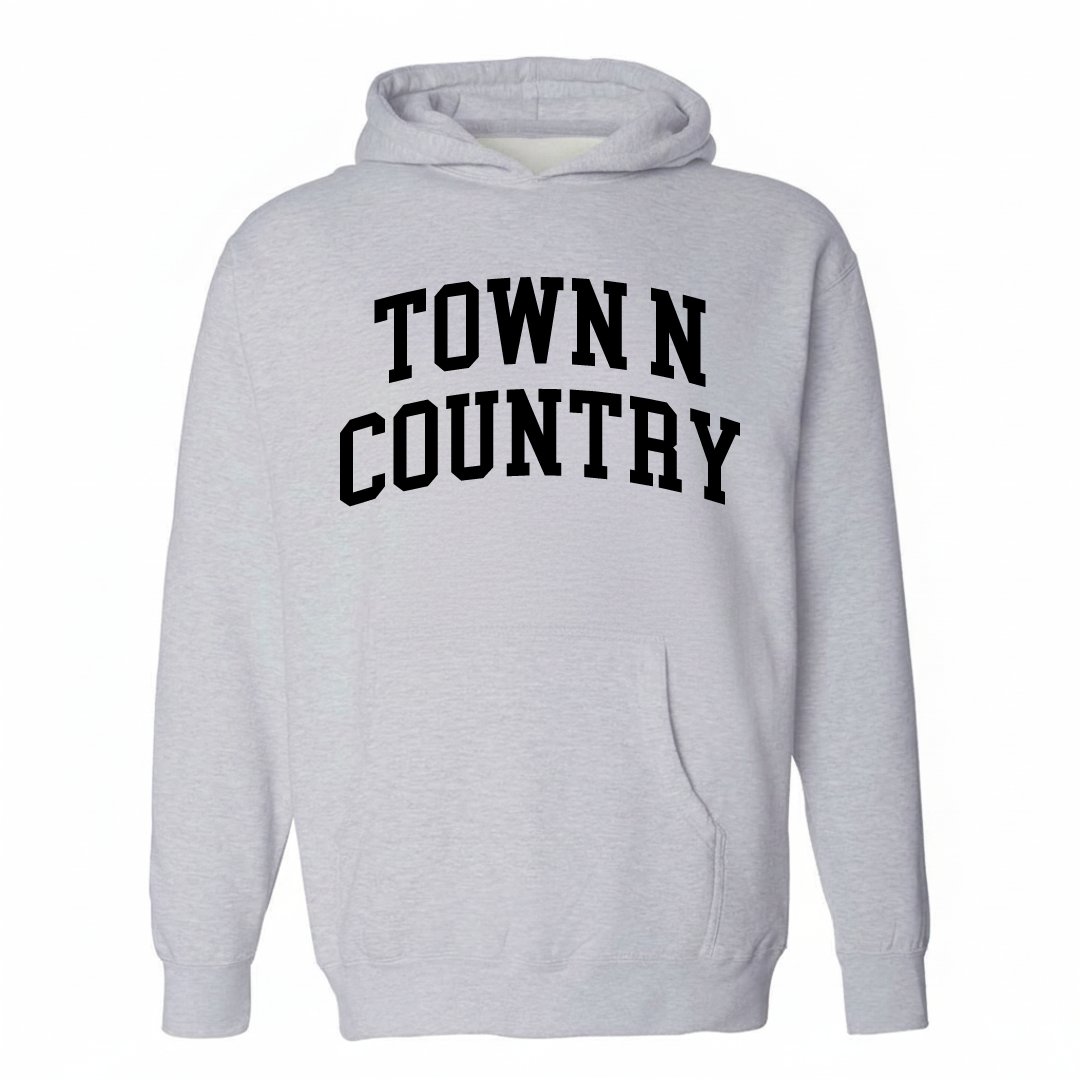 Heather-gray hoodie with the Town 'n' Country varsity arched lettering design on the chest.