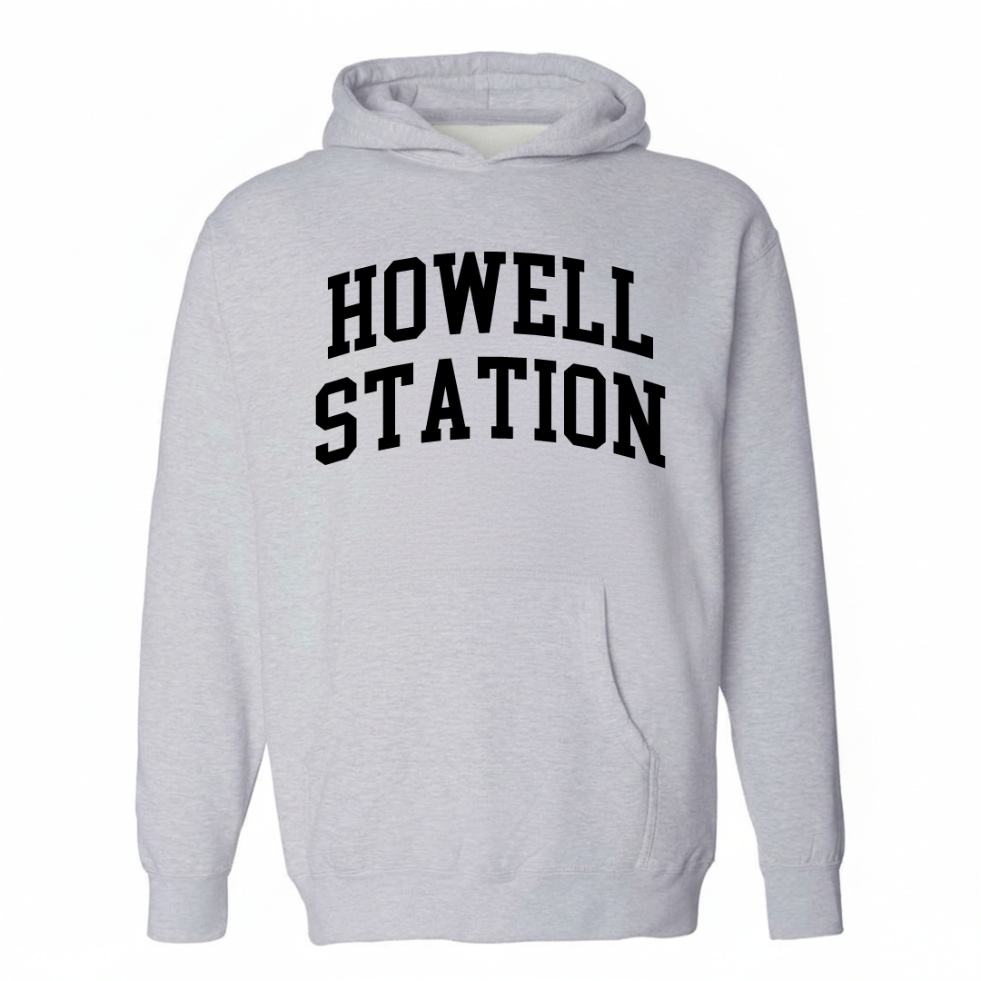 Heather-gray hoodie with the Howell Station varsity arched lettering design on the chest.
