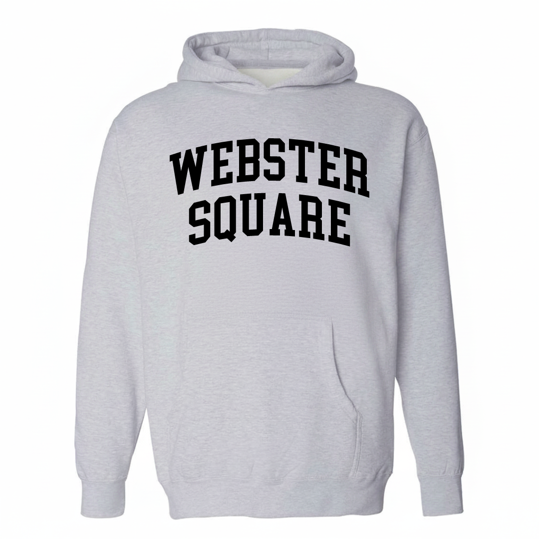Heather-gray hoodie with the Webster Square varsity arched lettering design on the chest.