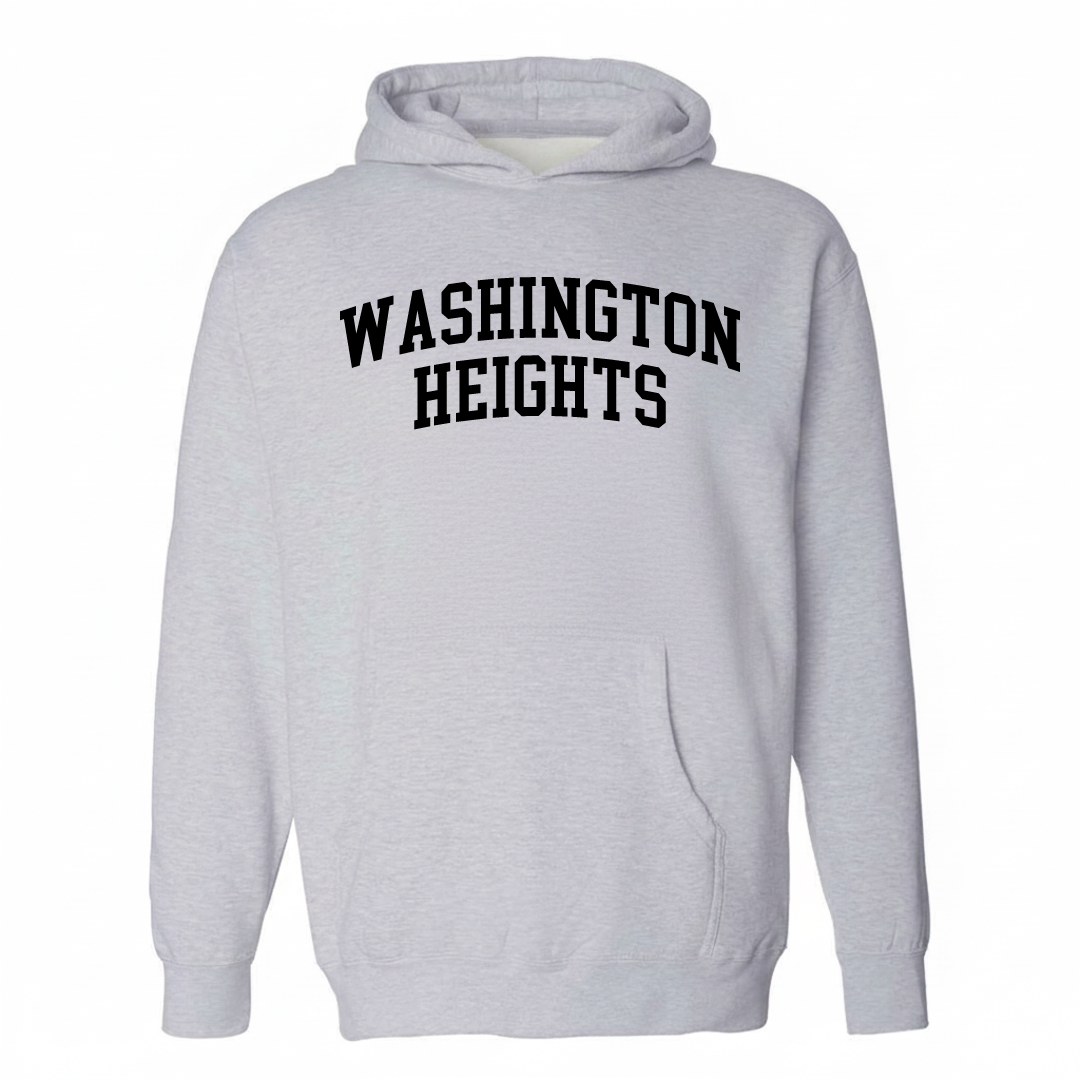 Heather-gray hoodie with the Washington Heights varsity arched lettering design on the chest.