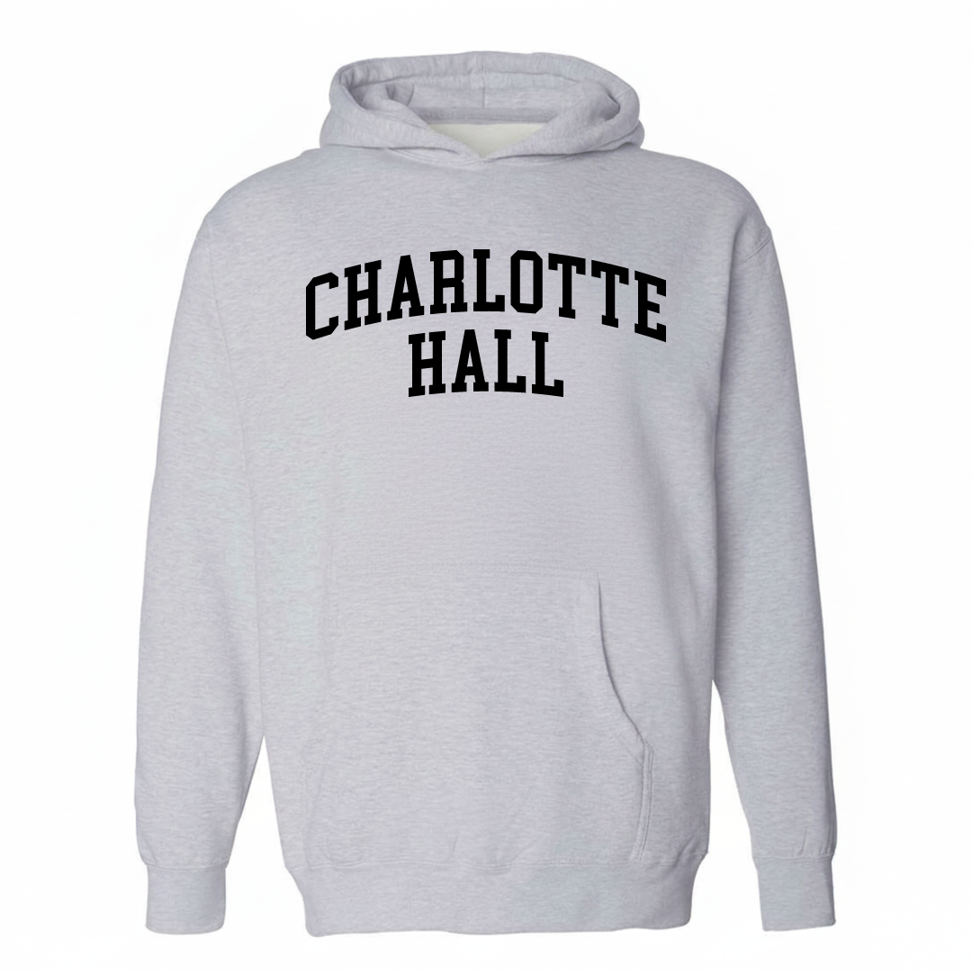 Heather-gray hoodie with the Charlotte Hall varsity arched lettering design on the chest.