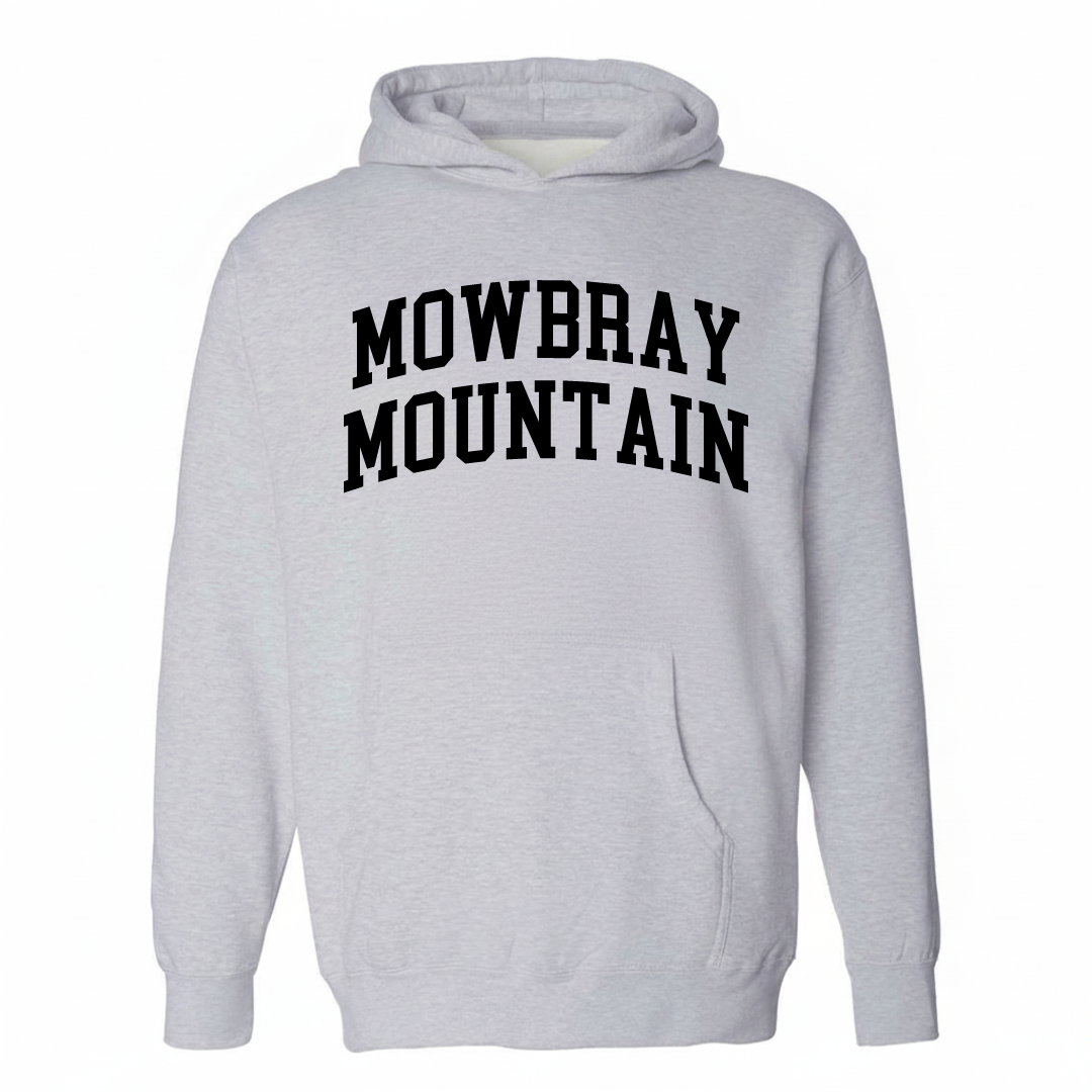 Heather-gray hoodie with the Mowbray Mountain varsity arched lettering design on the chest.