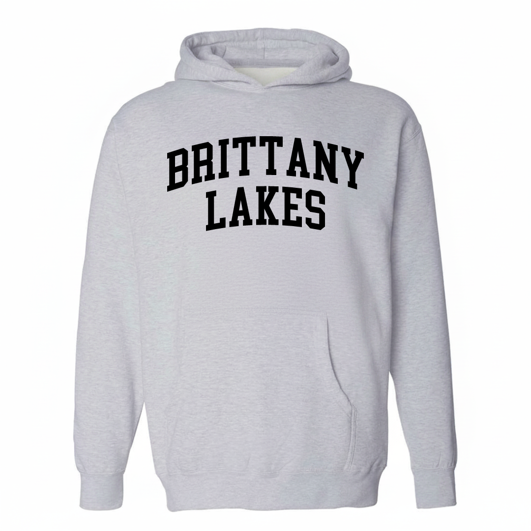 Heather-gray hoodie with the Brittany Lakes varsity arched lettering design on the chest.