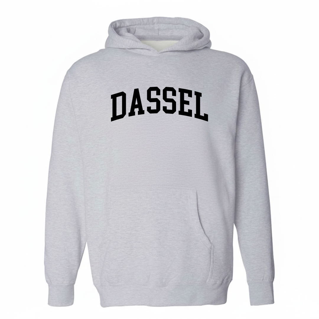 Heather-gray hoodie with the Dassel varsity arched lettering design on the chest.