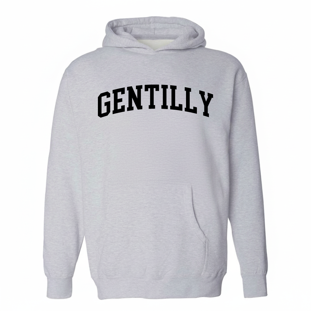 Heather-gray hoodie with the Gentilly arched lettering design on the chest.