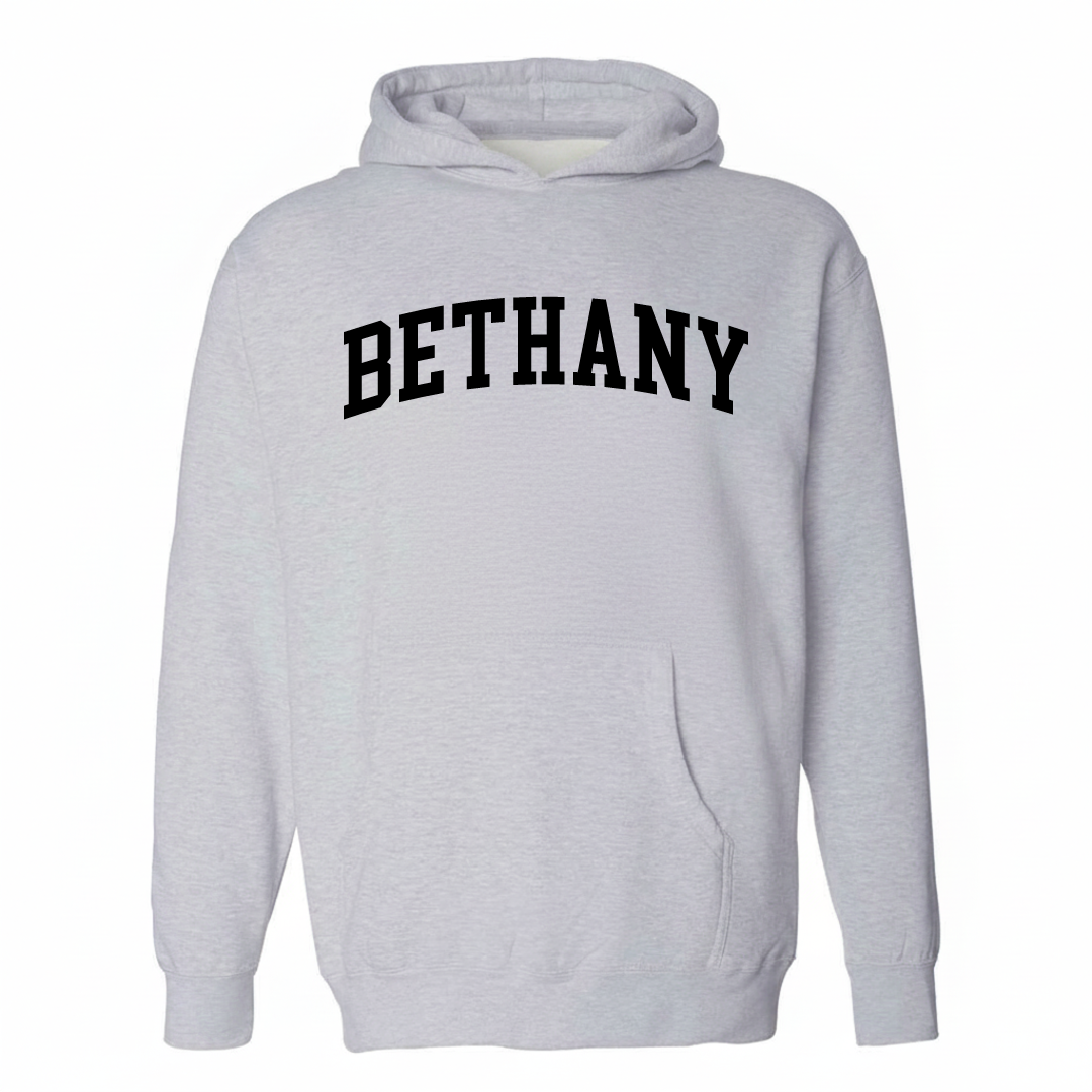 Heather-gray hoodie with the Bethany Illinois varsity arched lettering design on the chest.