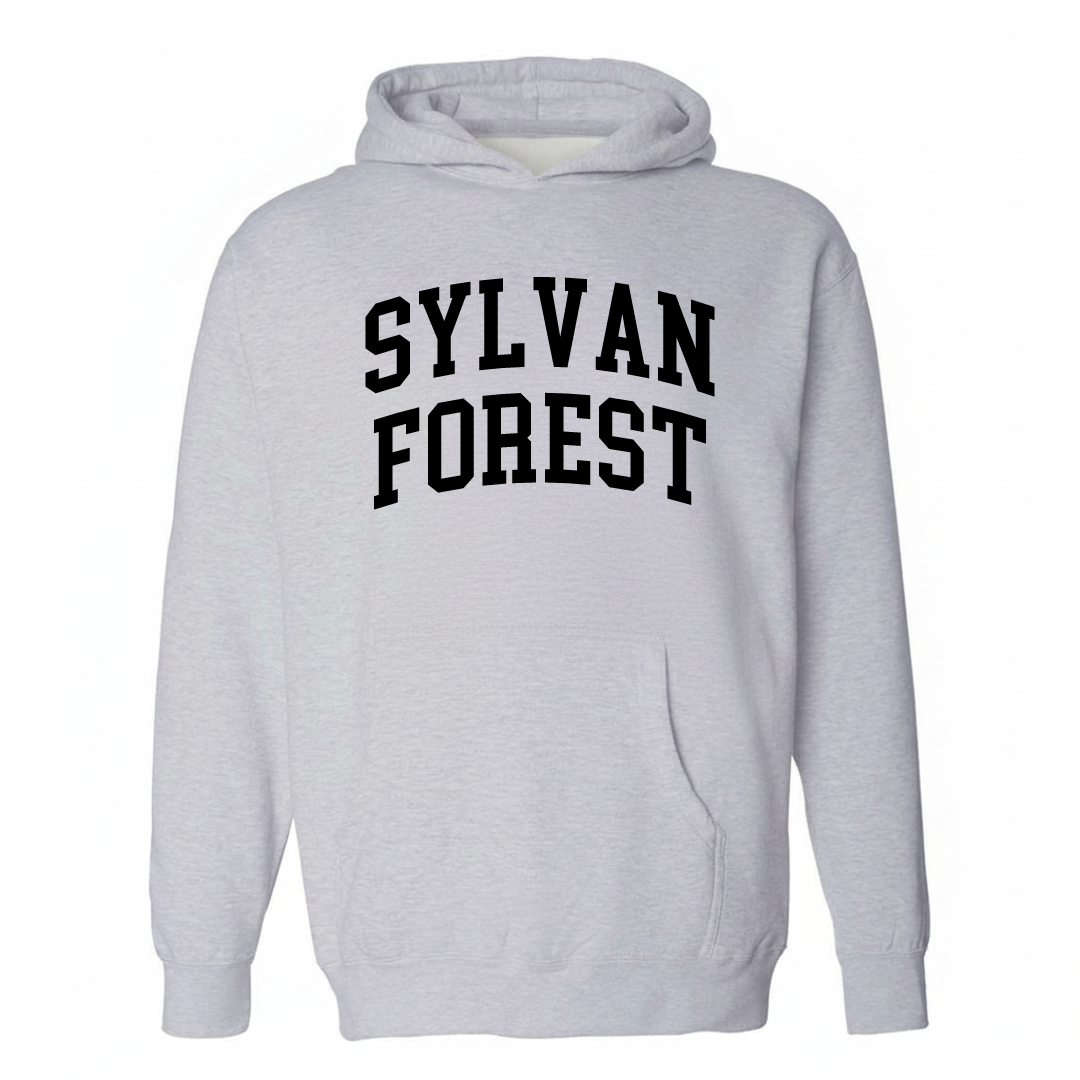 Heather-gray hoodie with the Sylvan Forest varsity arched lettering design on the chest.