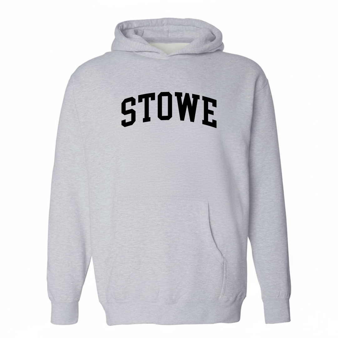 Heather-gray hoodie with the Stowe Township varsity arched lettering design on the chest.