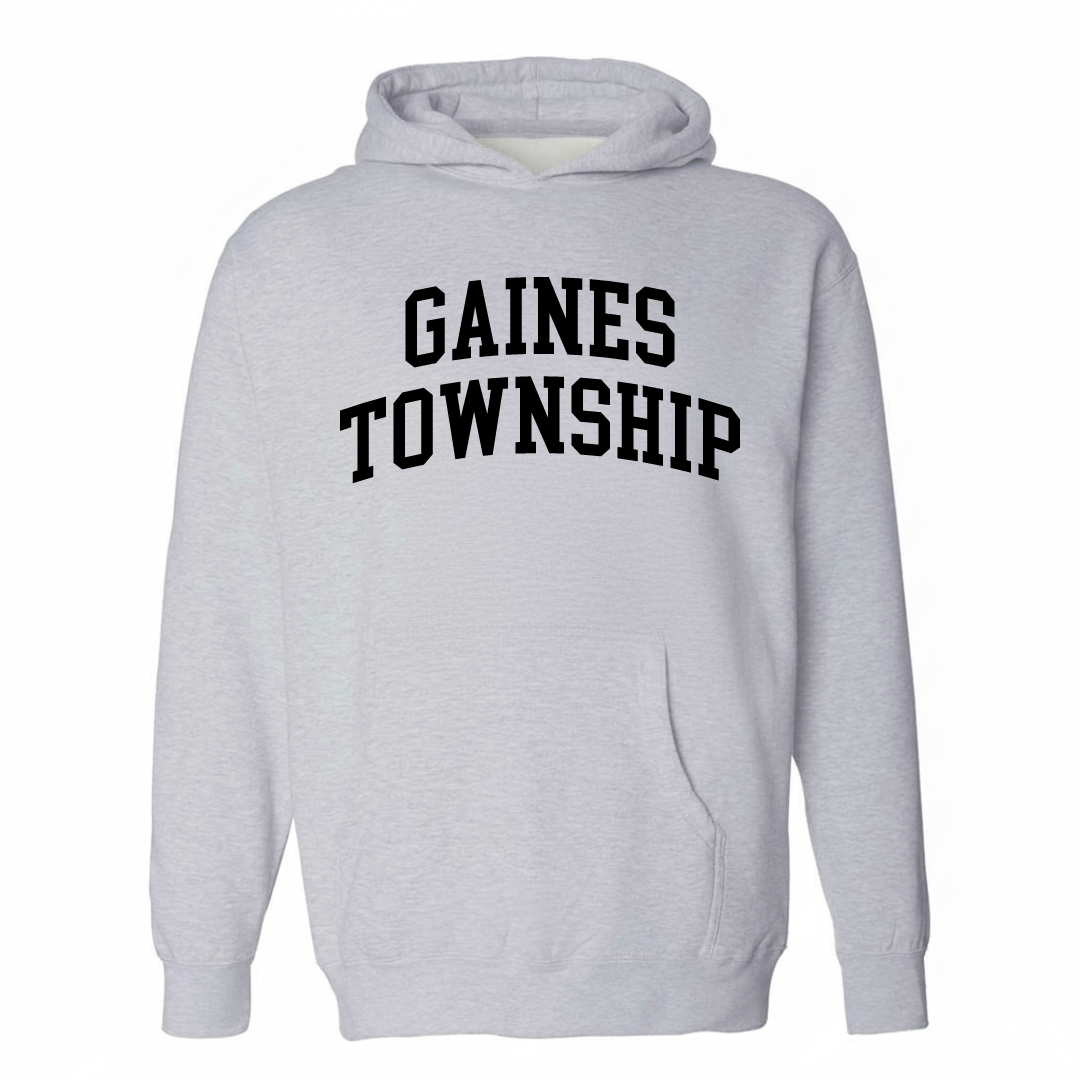 Heather-gray hoodie with the Gaines Township arched varsity lettering design on the chest.