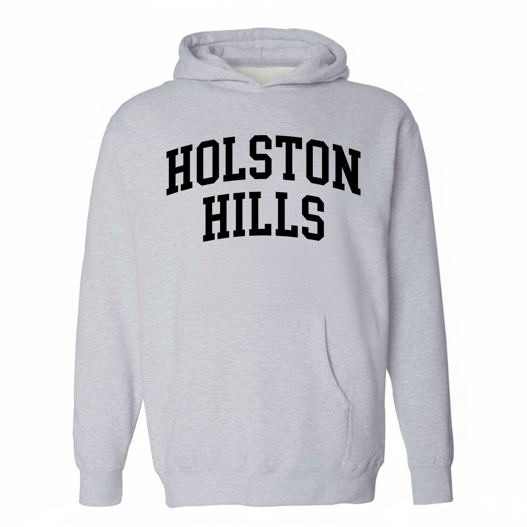 Heather-gray hoodie with the Holston Hills varsity arched lettering design on the chest.